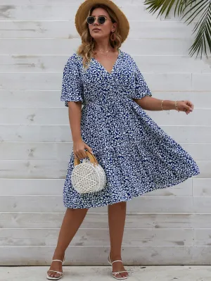 Boho Ditsy Floral Wrap Short Sleeve V Neck Flounce High Waist Midi Plus Size Dress