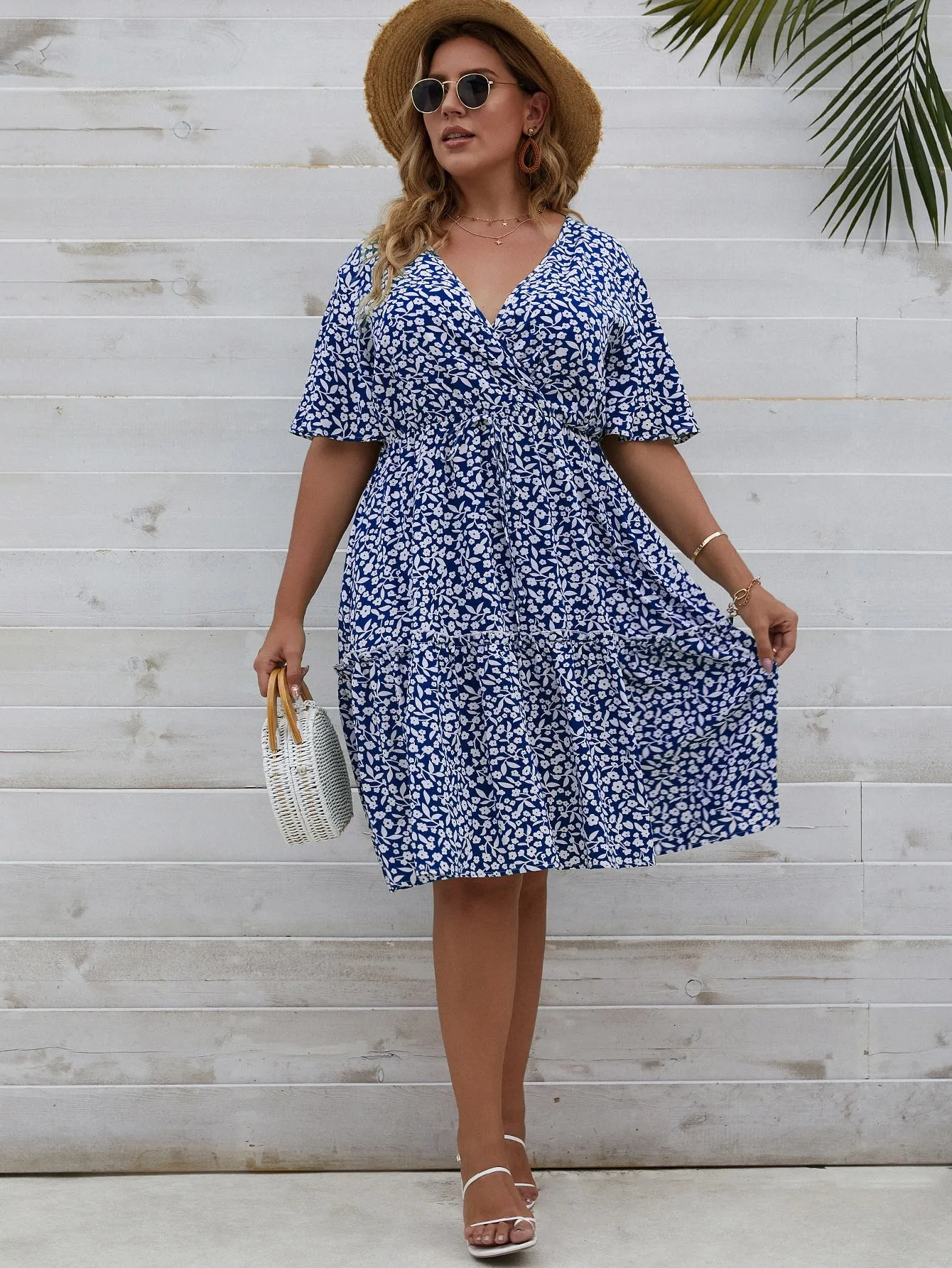 Boho Ditsy Floral Wrap Short Sleeve V Neck Flounce High Waist Midi Plus Size Dress