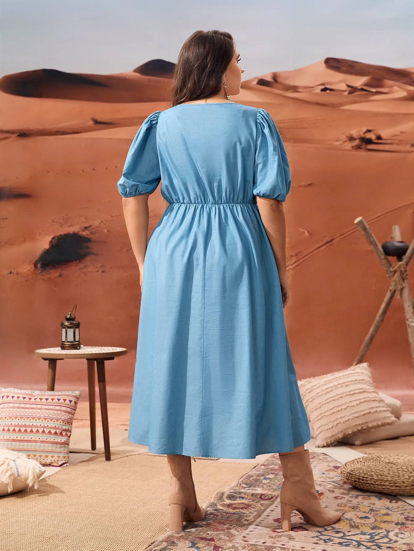 Boho Floral Button Front Short Sleeve Scoop Neck Flared High Waist Long Plus Size Dress