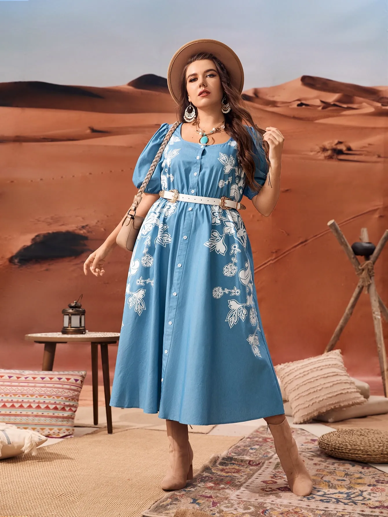 Boho Floral Button Front Short Sleeve Scoop Neck Flared High Waist Long Plus Size Dress