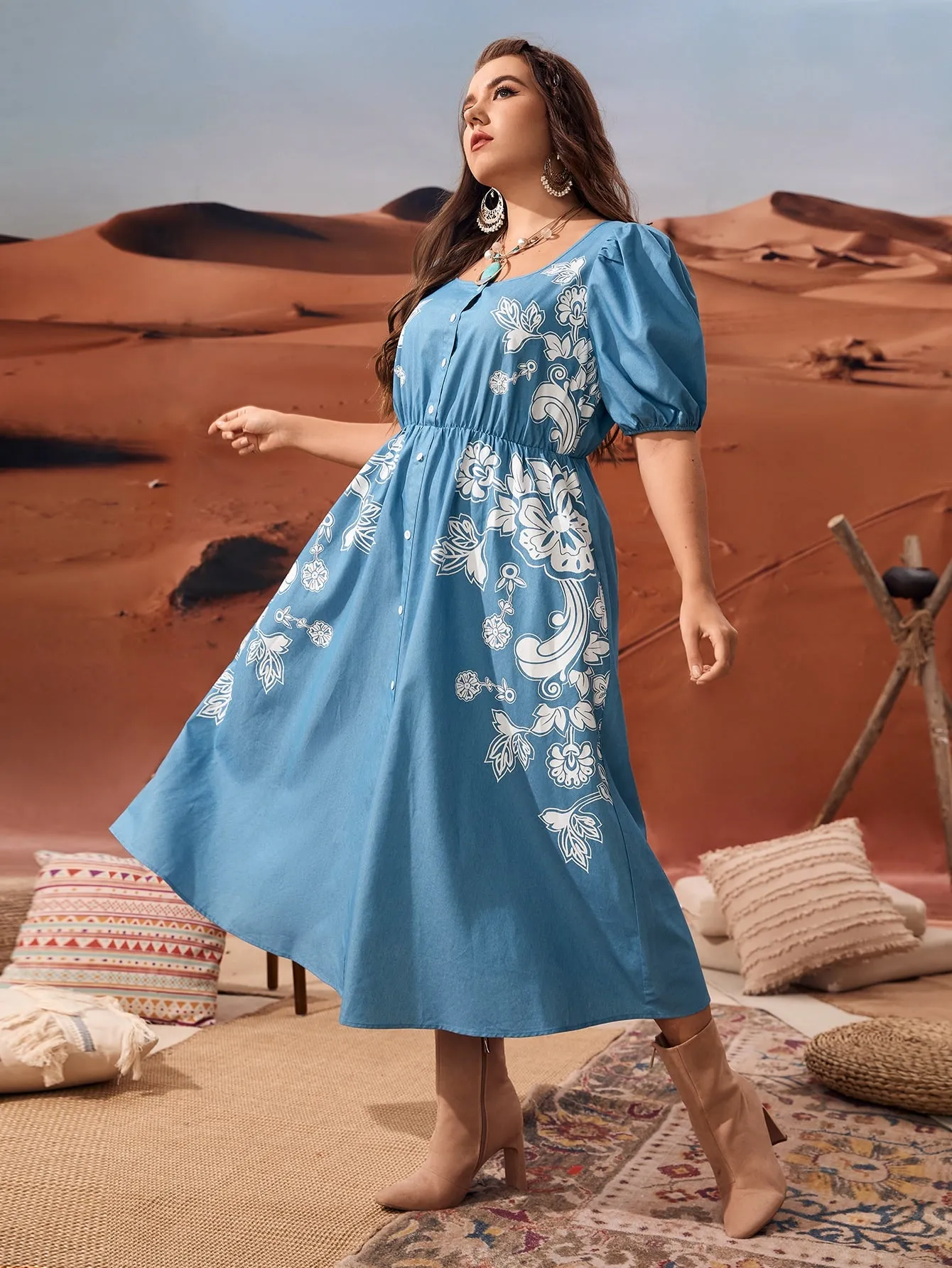 Boho Floral Button Front Short Sleeve Scoop Neck Flared High Waist Long Plus Size Dress