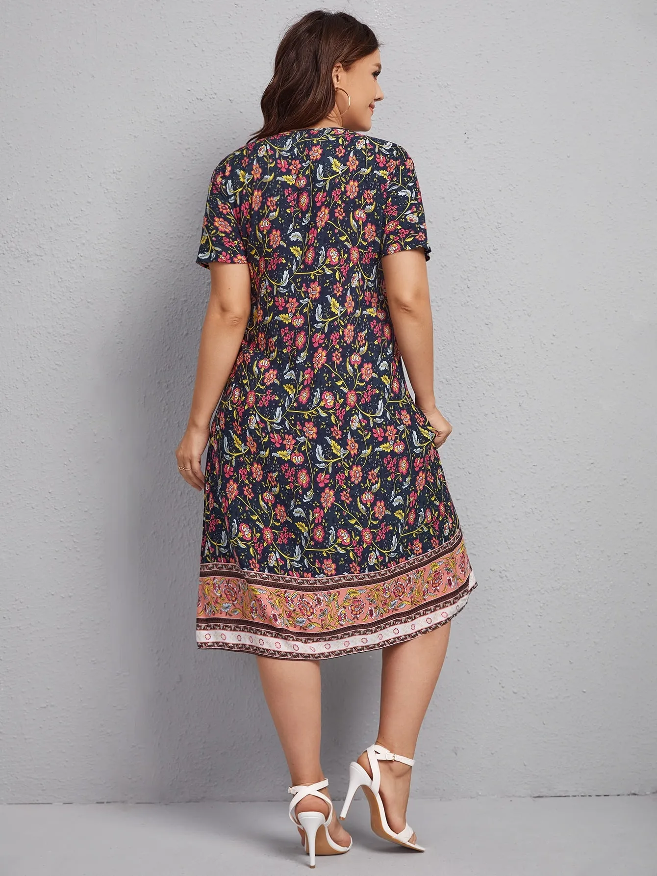 Boho Floral Cut Out Short Sleeve V Neck Flared Natural Midi Plus Size Dress