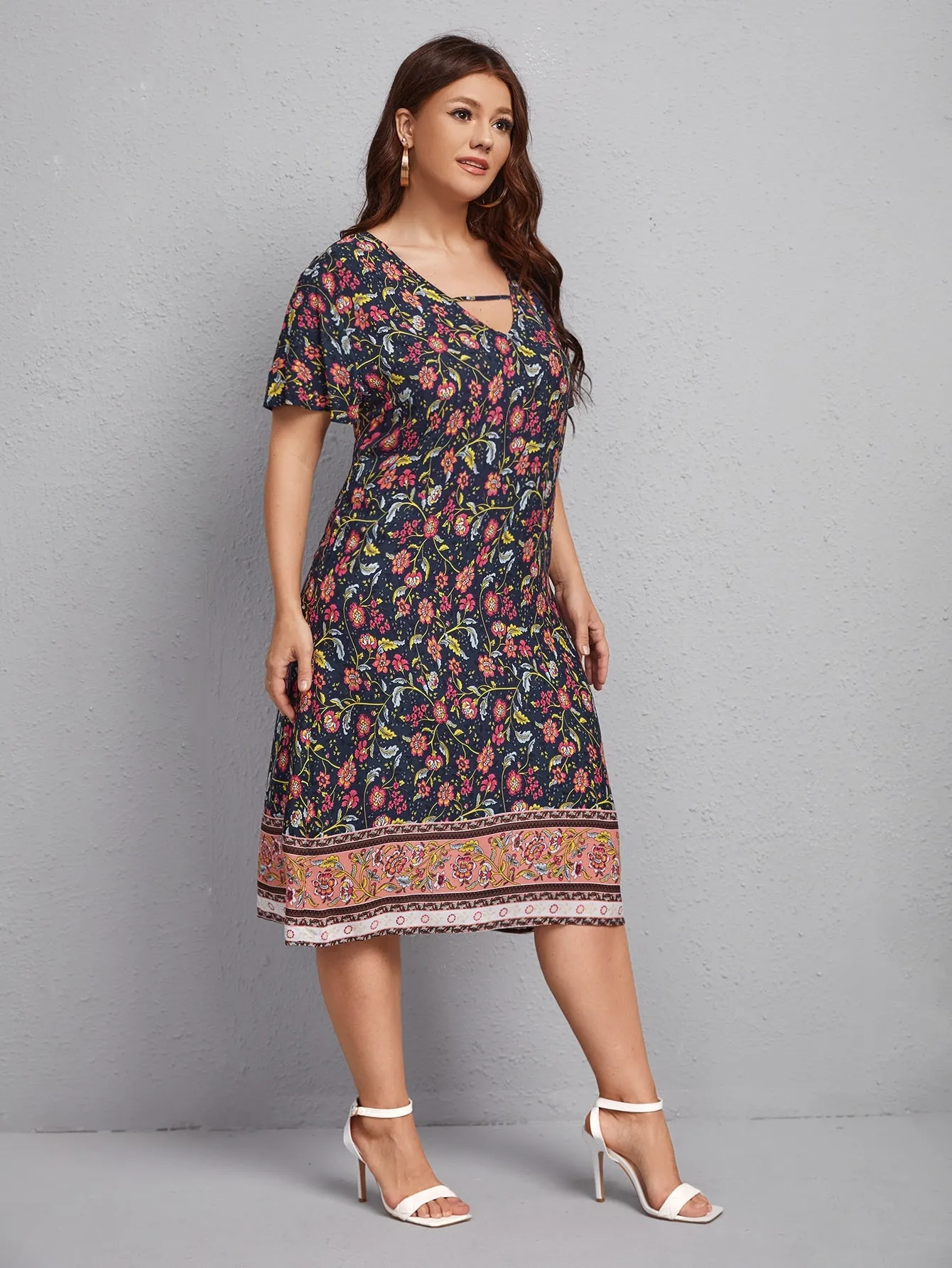Boho Floral Cut Out Short Sleeve V Neck Flared Natural Midi Plus Size Dress