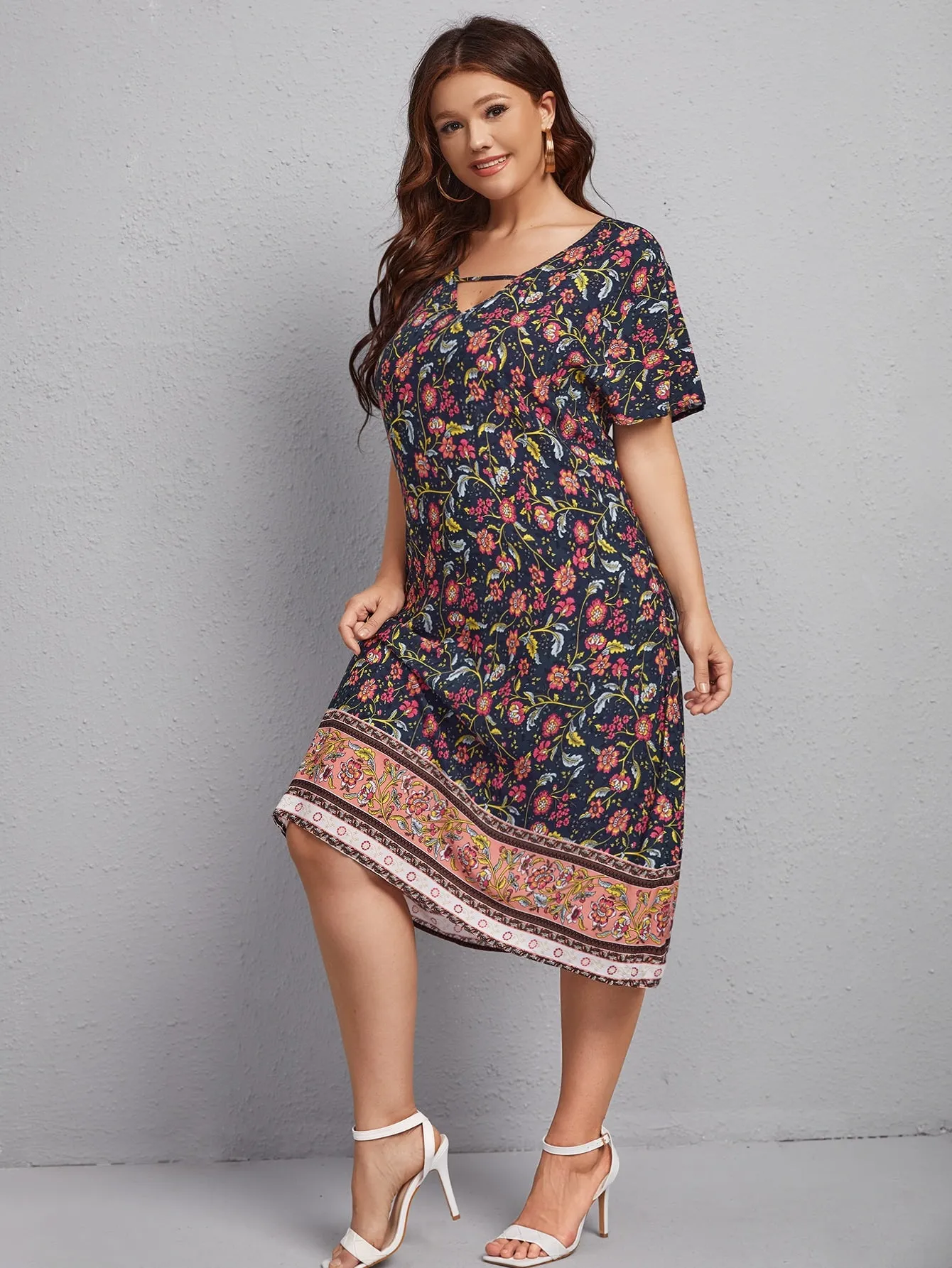 Boho Floral Cut Out Short Sleeve V Neck Flared Natural Midi Plus Size Dress