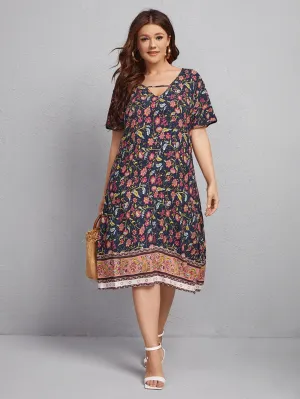 Boho Floral Cut Out Short Sleeve V Neck Flared Natural Midi Plus Size Dress