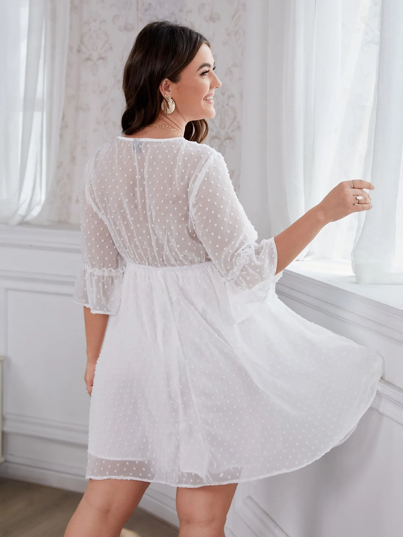 Boho Floral Embroidery Three Quarter Length Sleeve V Neck Flared High Waist Short Plus Size Dress