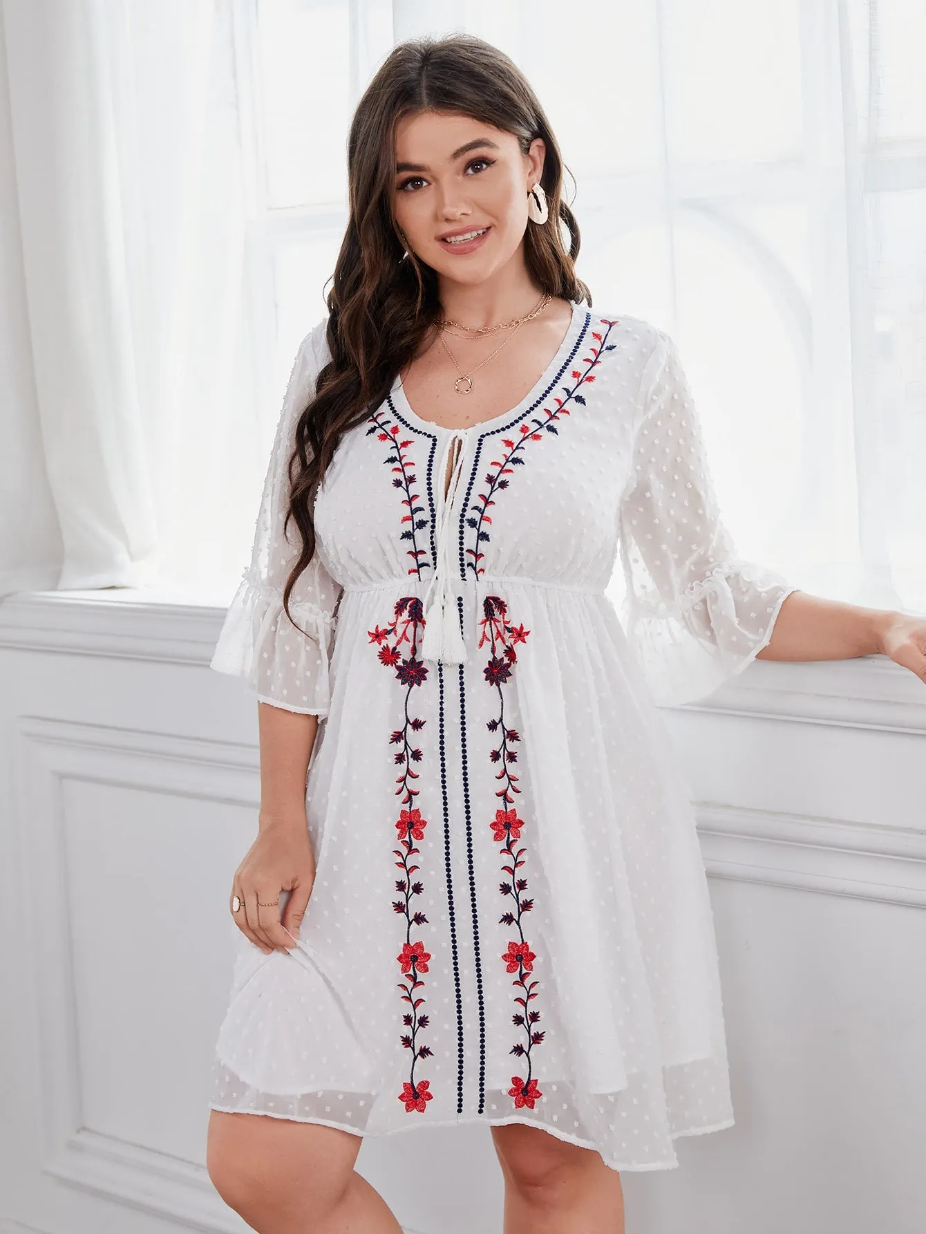 Boho Floral Embroidery Three Quarter Length Sleeve V Neck Flared High Waist Short Plus Size Dress