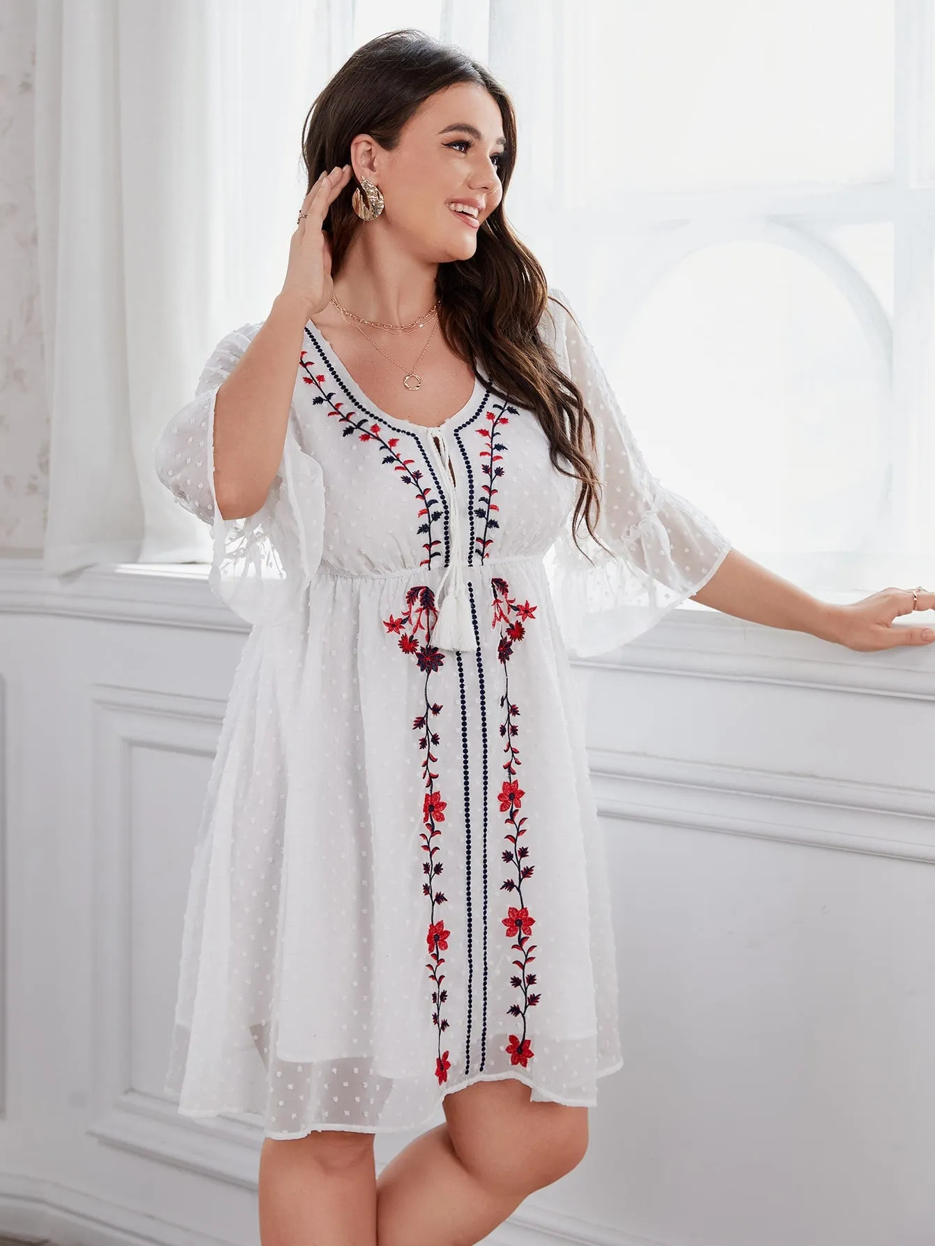 Boho Floral Embroidery Three Quarter Length Sleeve V Neck Flared High Waist Short Plus Size Dress
