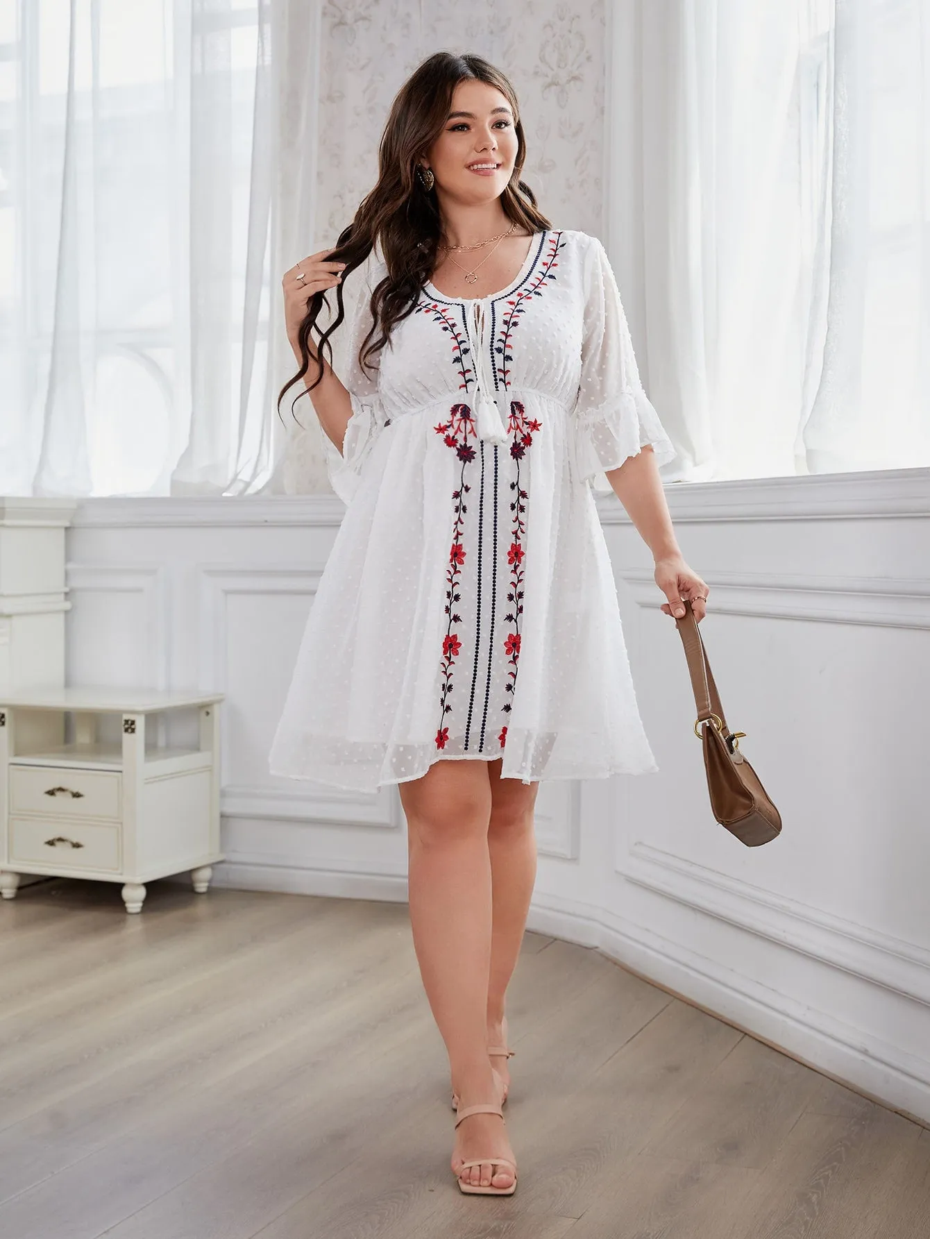 Boho Floral Embroidery Three Quarter Length Sleeve V Neck Flared High Waist Short Plus Size Dress