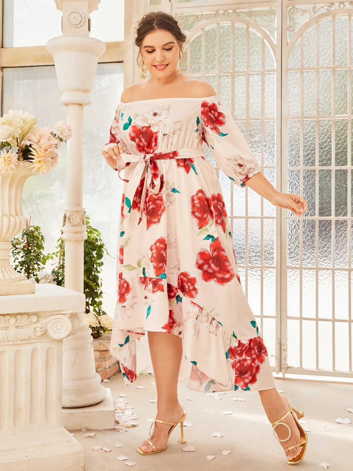 Boho Floral Ruffle Hem Long Sleeve Off The Shoulder Asymmetrical High Waist Long Plus Size Dress
