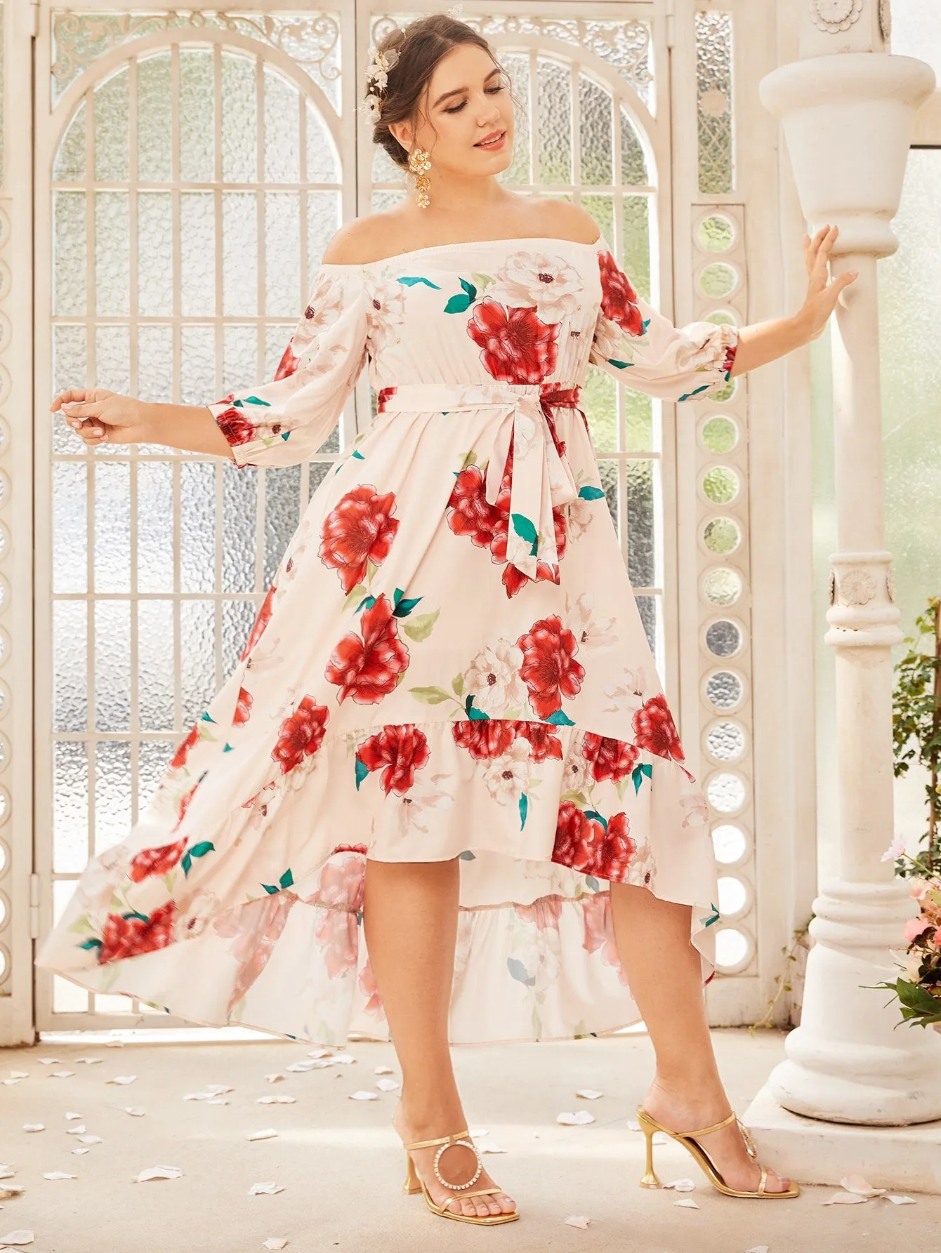Boho Floral Ruffle Hem Long Sleeve Off The Shoulder Asymmetrical High Waist Long Plus Size Dress