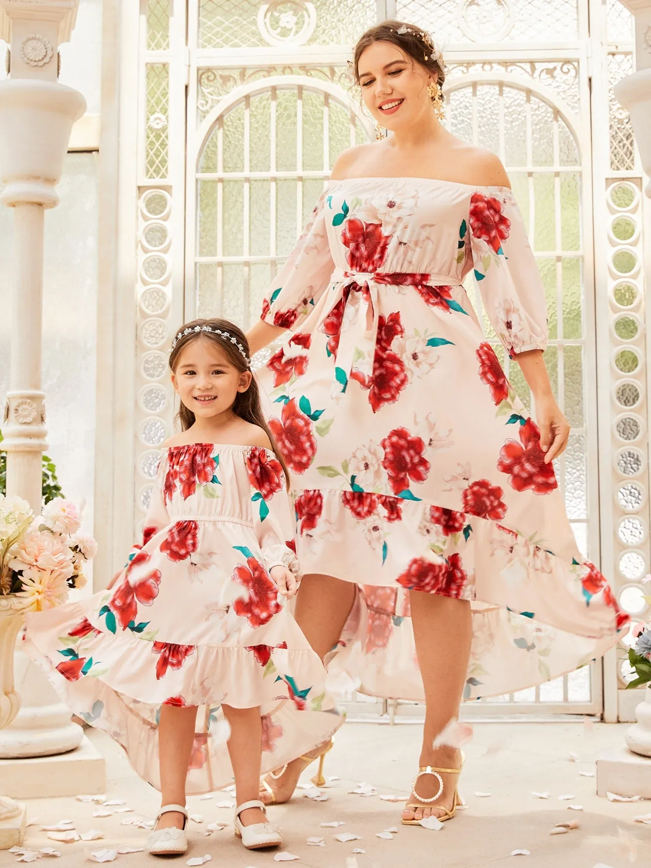 Boho Floral Ruffle Hem Long Sleeve Off The Shoulder Asymmetrical High Waist Long Plus Size Dress