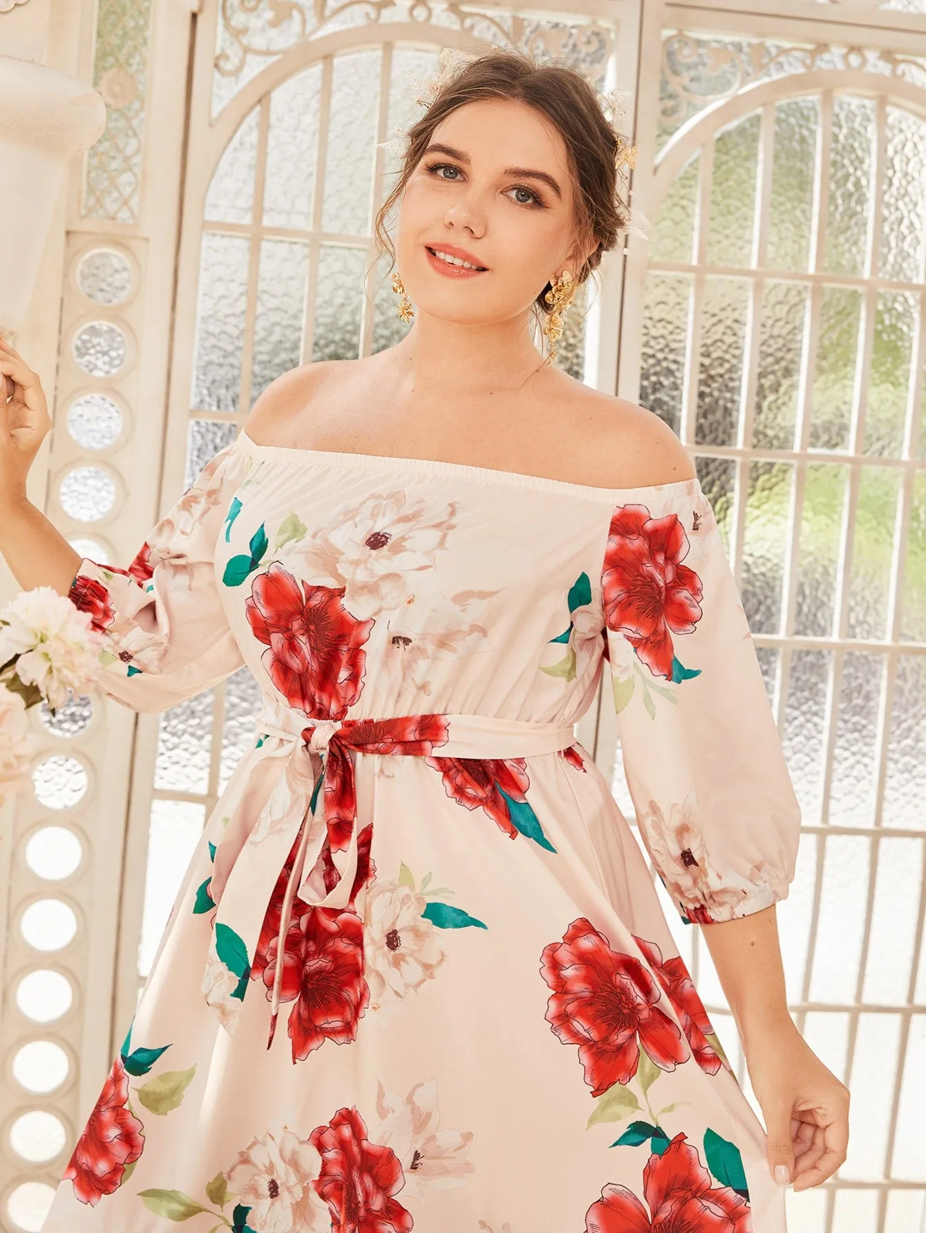Boho Floral Ruffle Hem Long Sleeve Off The Shoulder Asymmetrical High Waist Long Plus Size Dress