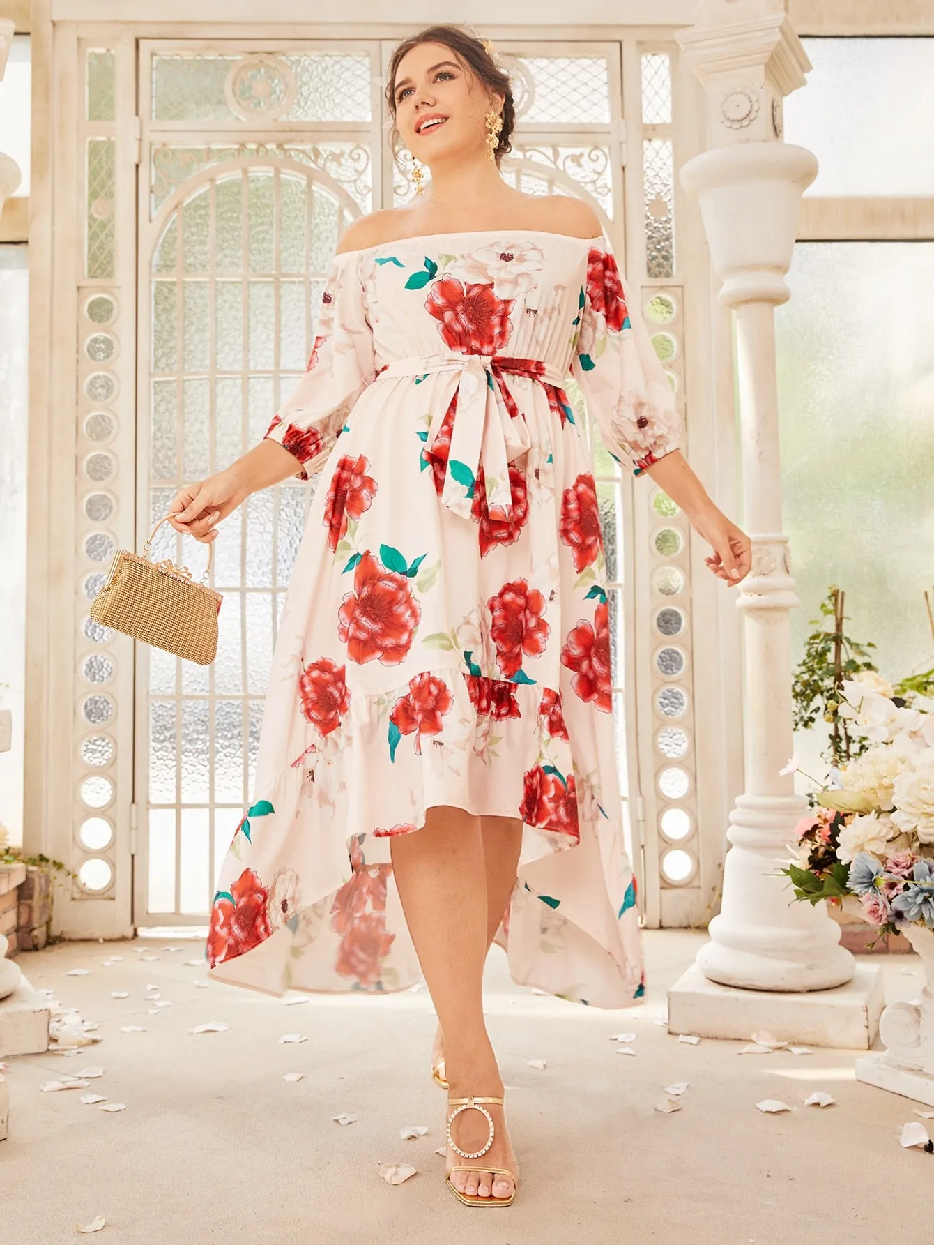 Boho Floral Ruffle Hem Long Sleeve Off The Shoulder Asymmetrical High Waist Long Plus Size Dress