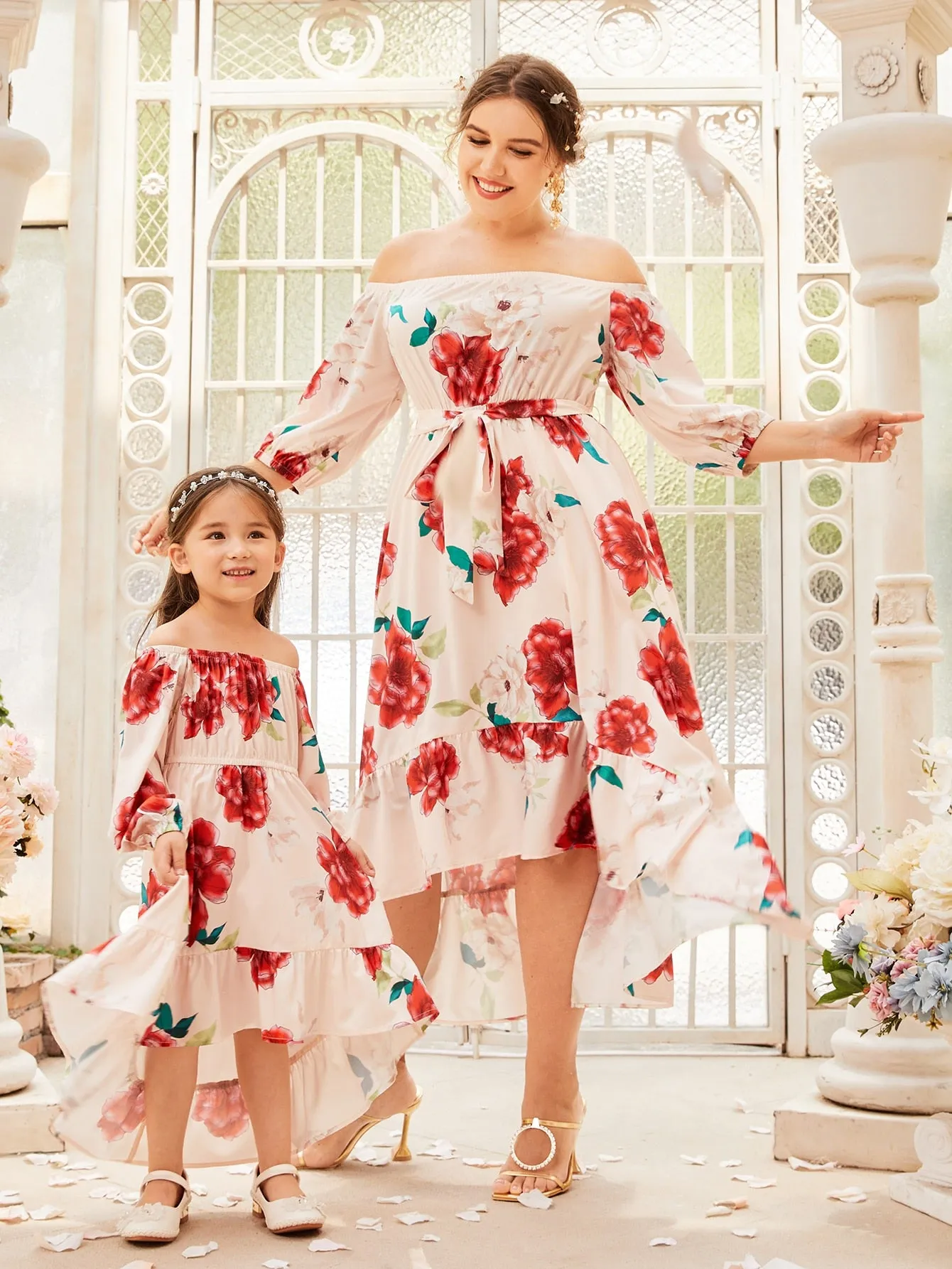 Boho Floral Ruffle Hem Long Sleeve Off The Shoulder Asymmetrical High Waist Long Plus Size Dress