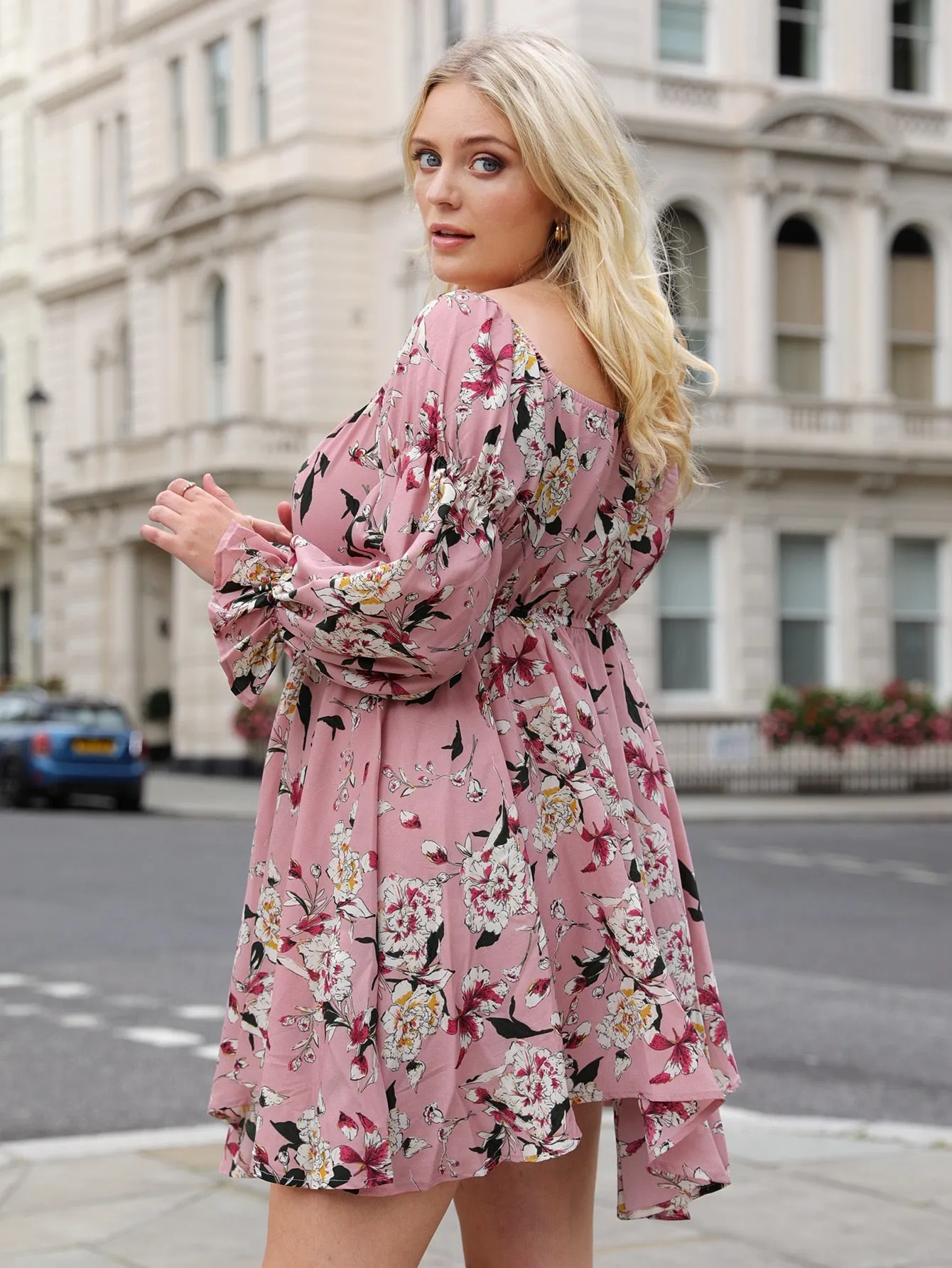 Boho Floral Ruffle Long Sleeve Square Neck Asymmetrical High Waist Short Plus Size Dress
