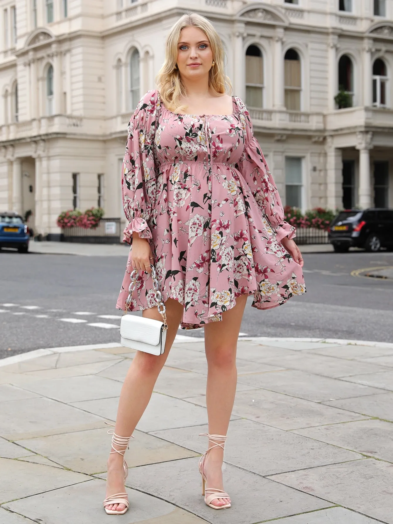 Boho Floral Ruffle Long Sleeve Square Neck Asymmetrical High Waist Short Plus Size Dress