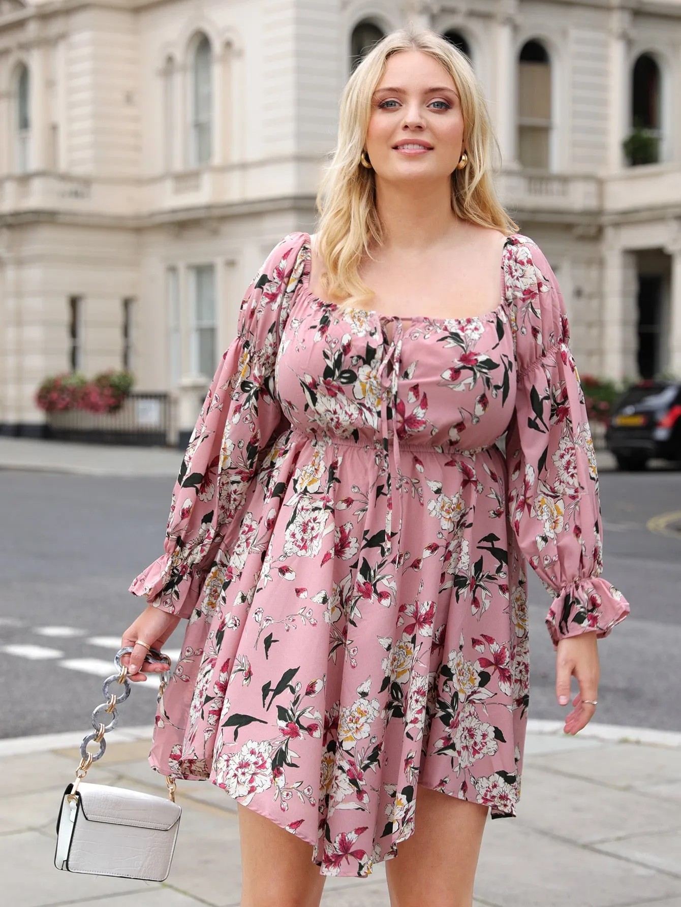 Boho Floral Ruffle Long Sleeve Square Neck Asymmetrical High Waist Short Plus Size Dress