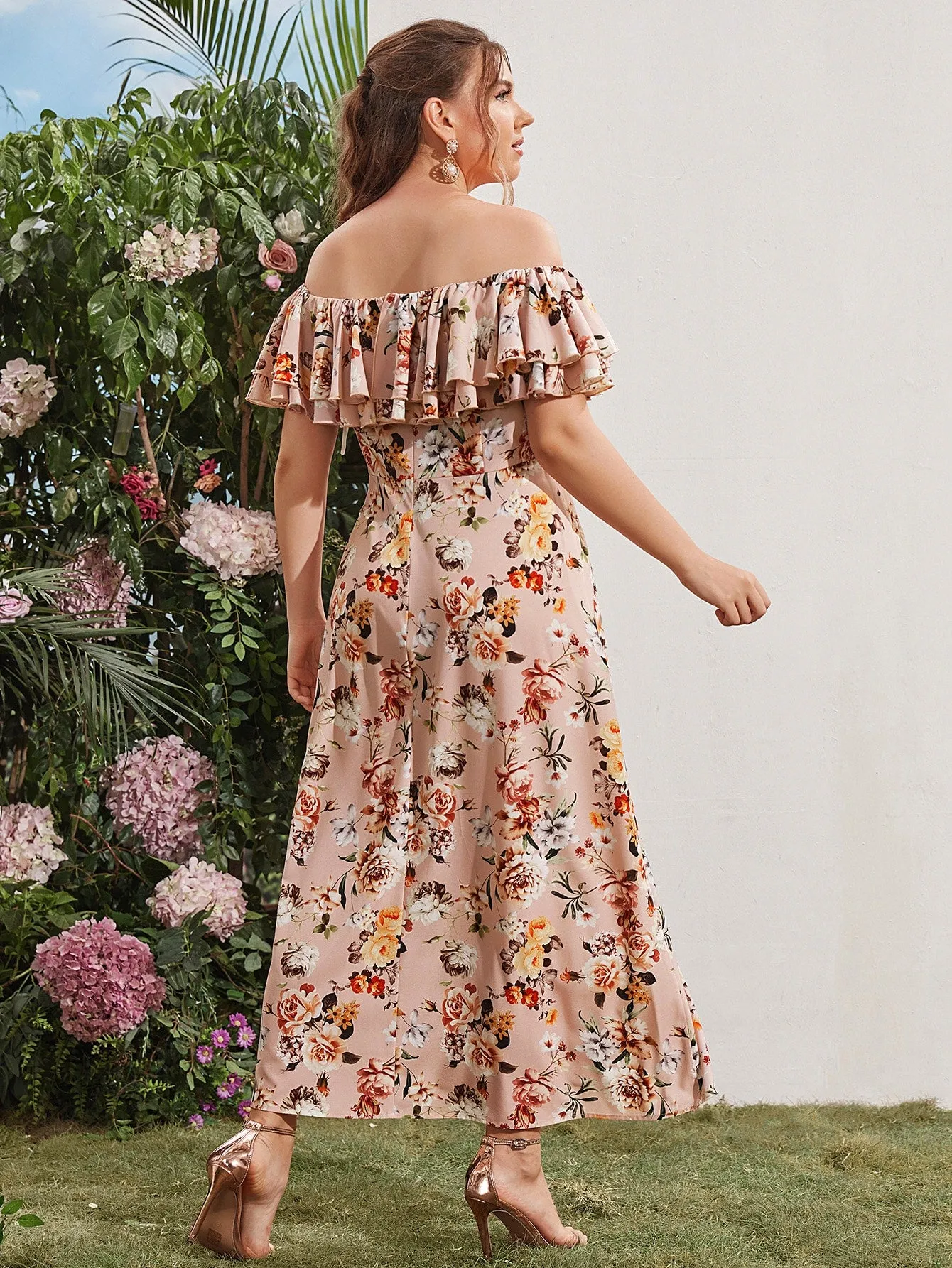 Boho Floral Ruffle Short Sleeve Off The Shoulder Flared High Waist Maxi Plus Size Dress