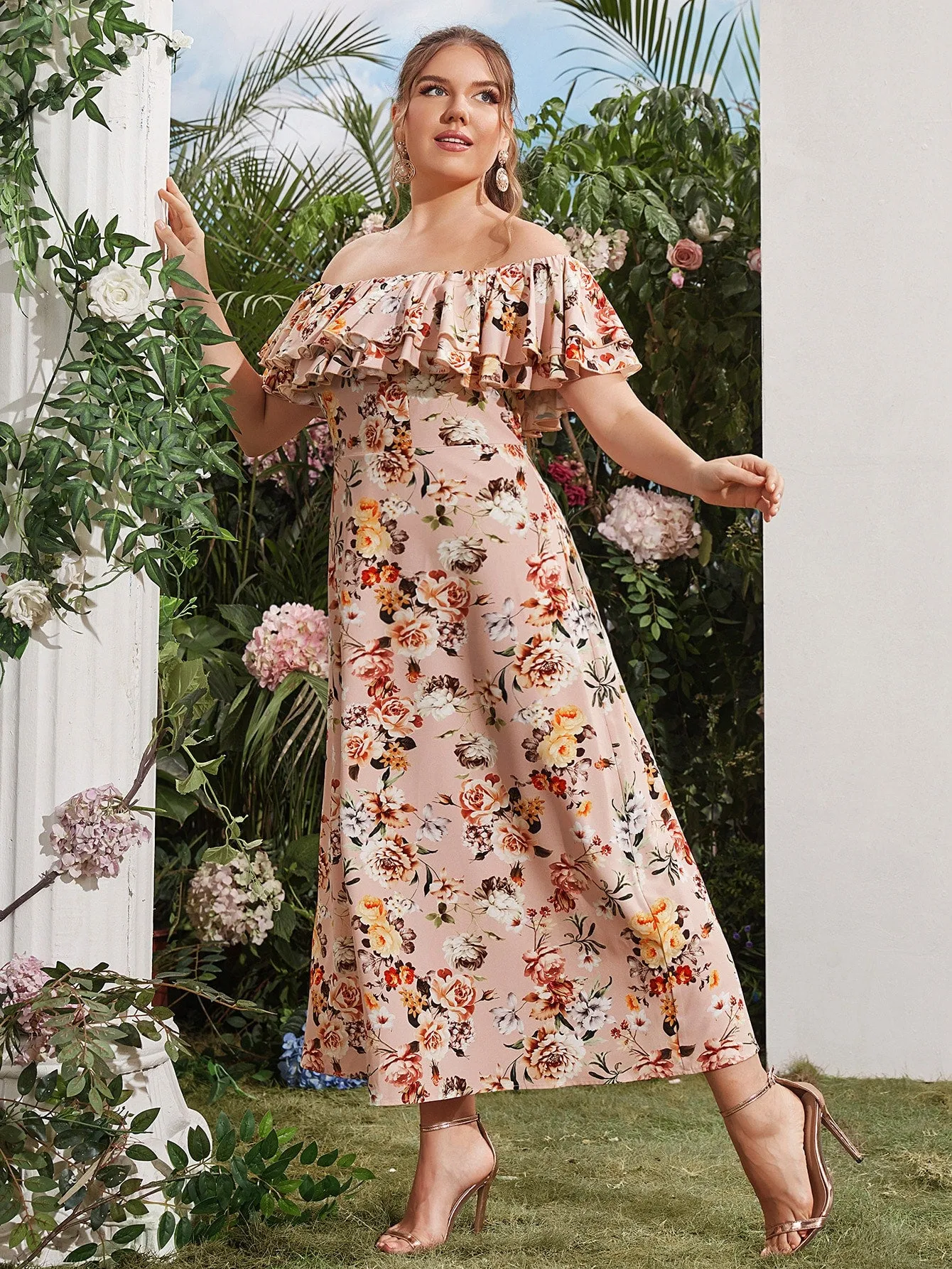 Boho Floral Ruffle Short Sleeve Off The Shoulder Flared High Waist Maxi Plus Size Dress