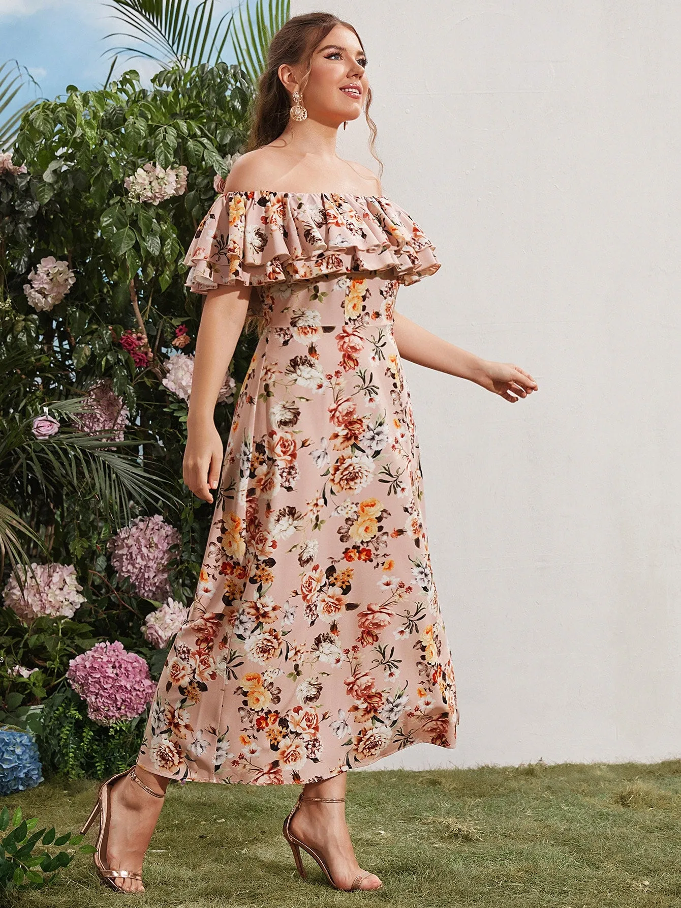 Boho Floral Ruffle Short Sleeve Off The Shoulder Flared High Waist Maxi Plus Size Dress