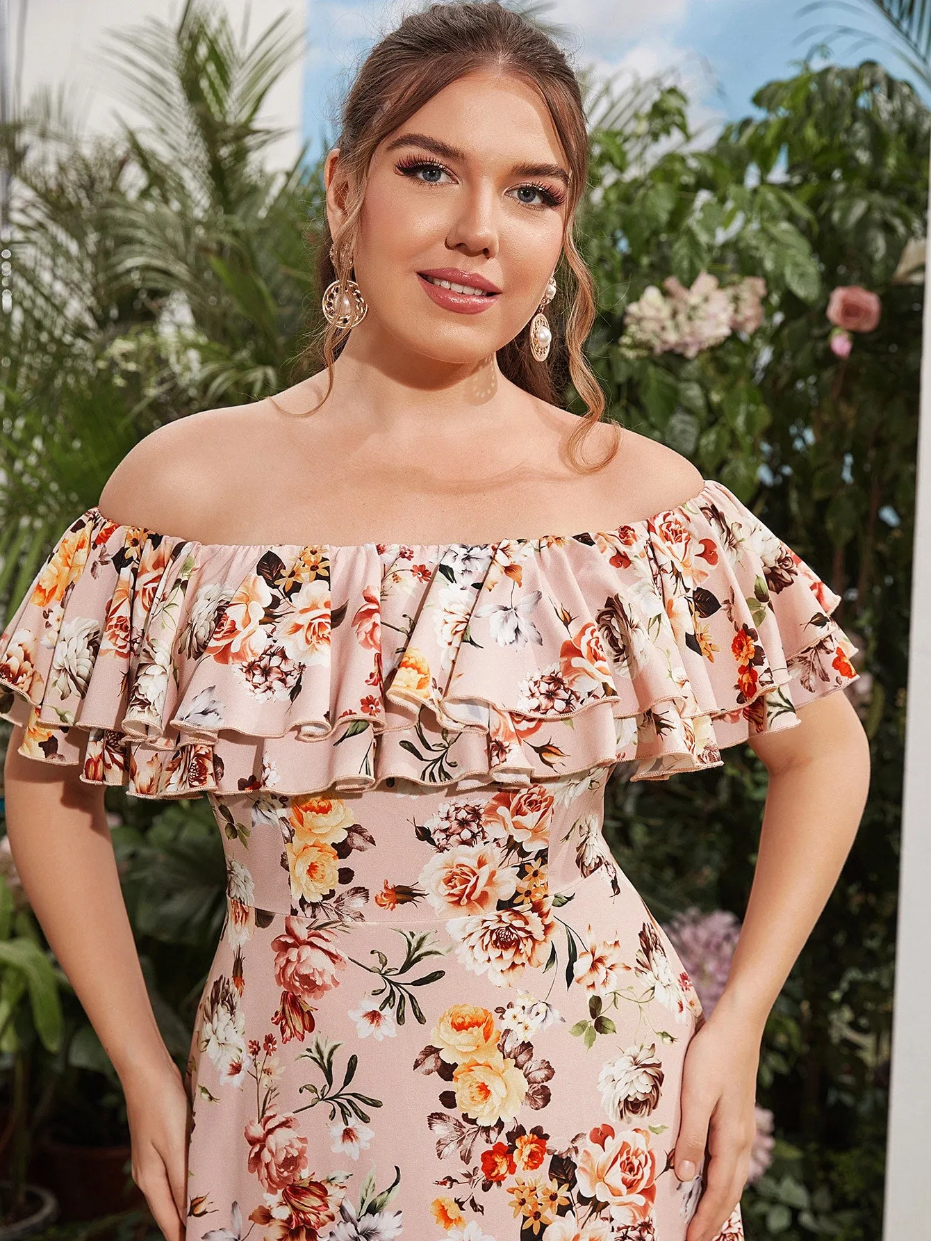 Boho Floral Ruffle Short Sleeve Off The Shoulder Flared High Waist Maxi Plus Size Dress