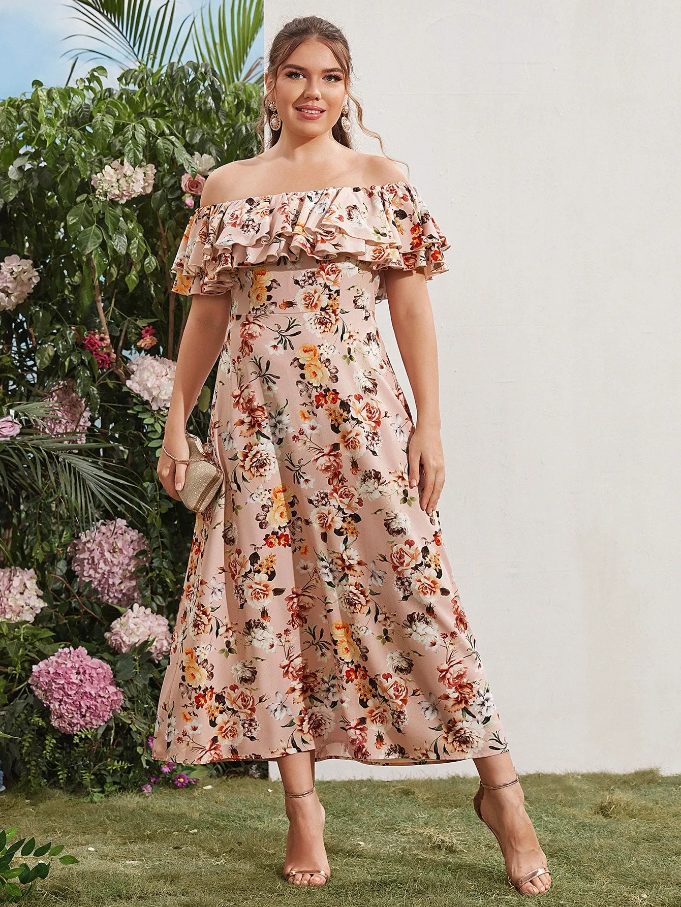 Boho Floral Ruffle Short Sleeve Off The Shoulder Flared High Waist Maxi Plus Size Dress