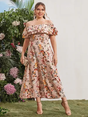 Boho Floral Ruffle Short Sleeve Off The Shoulder Flared High Waist Maxi Plus Size Dress