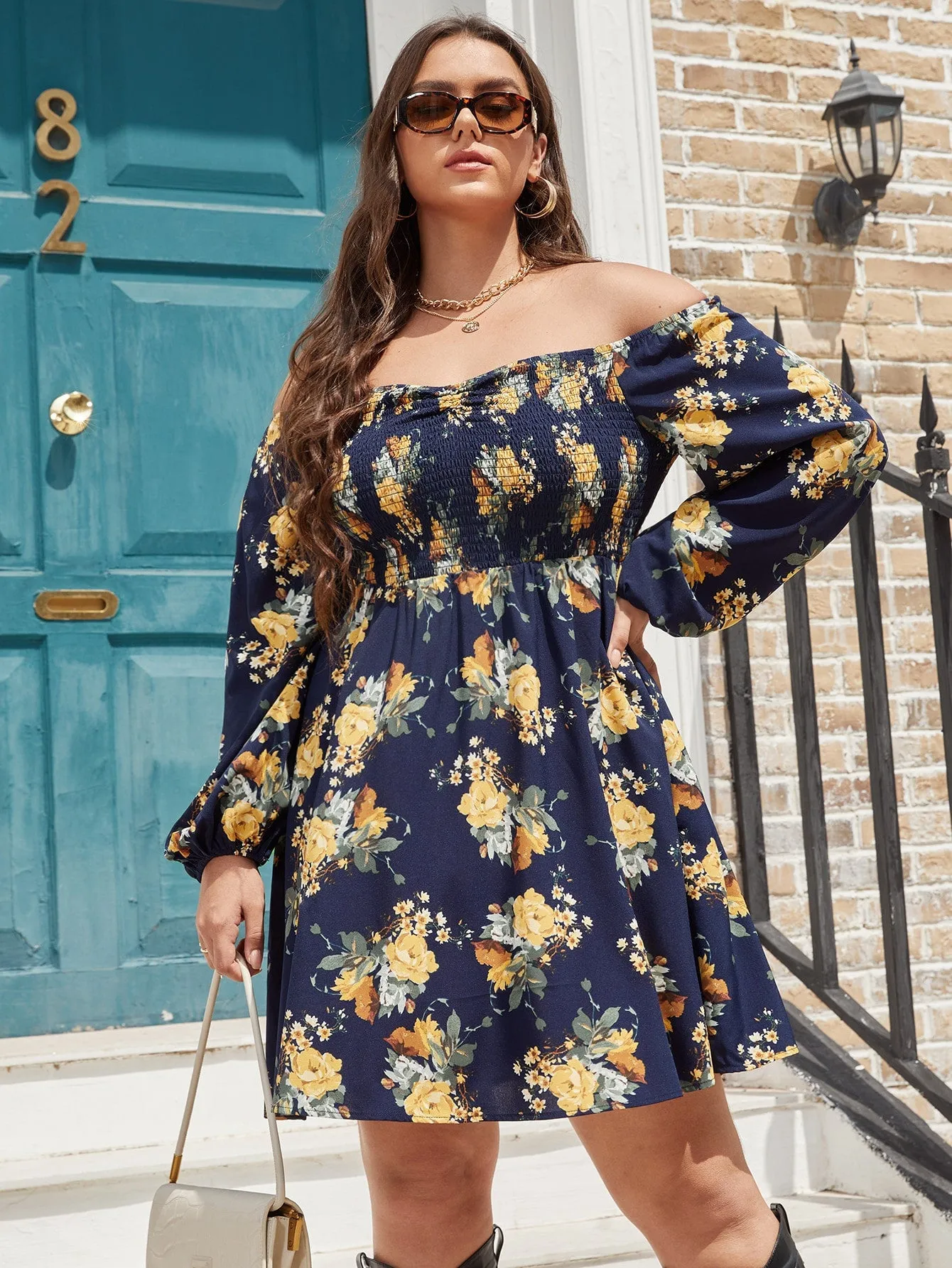 Boho Floral Shirred Long Sleeve Off The Shoulder Flared High Waist Short Plus Size Dress
