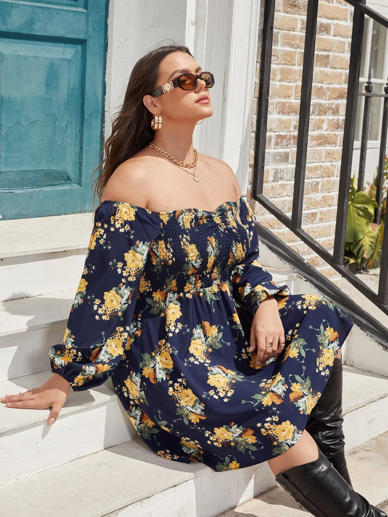 Boho Floral Shirred Long Sleeve Off The Shoulder Flared High Waist Short Plus Size Dress