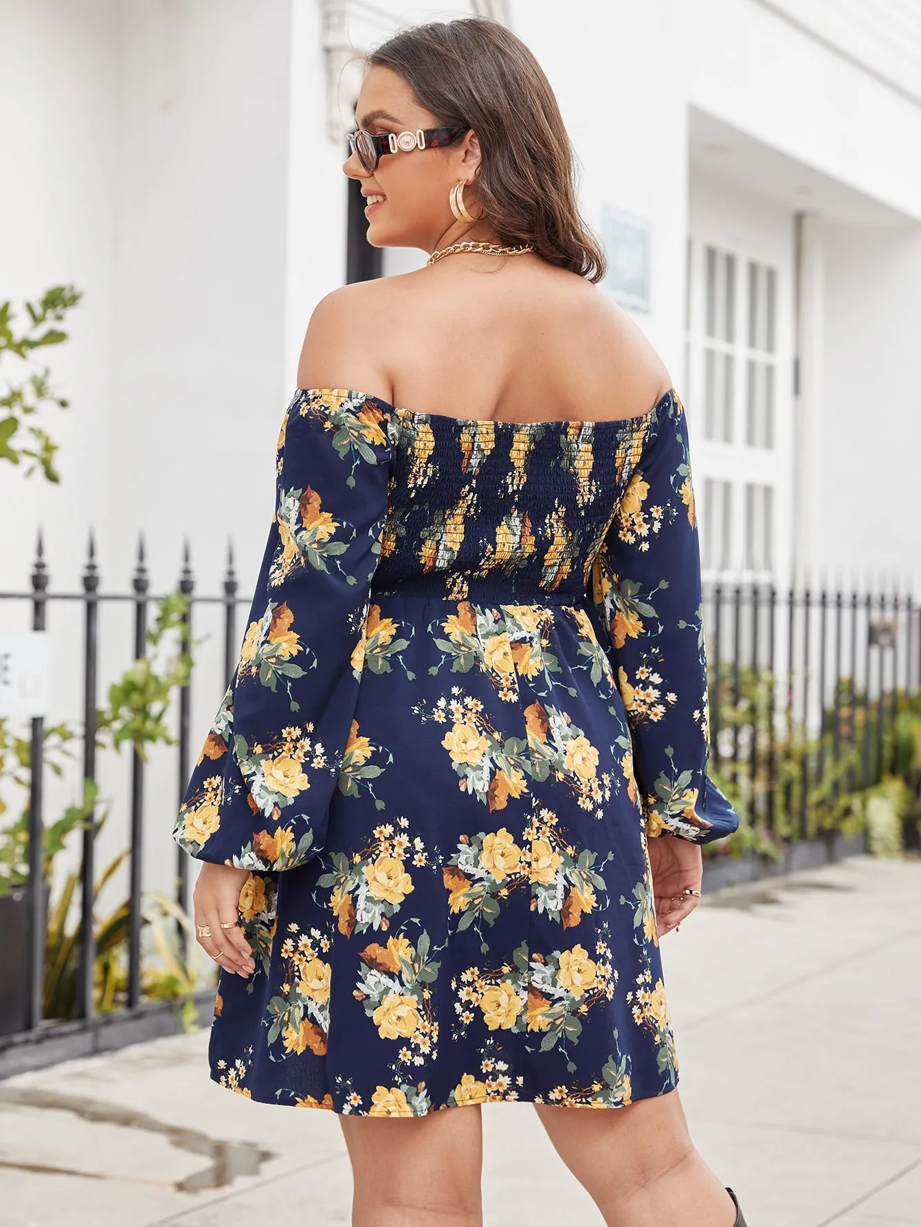 Boho Floral Shirred Long Sleeve Off The Shoulder Flared High Waist Short Plus Size Dress