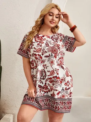Boho Floral Short Sleeve Round Neck Straight Natural Short Plus Size Dress