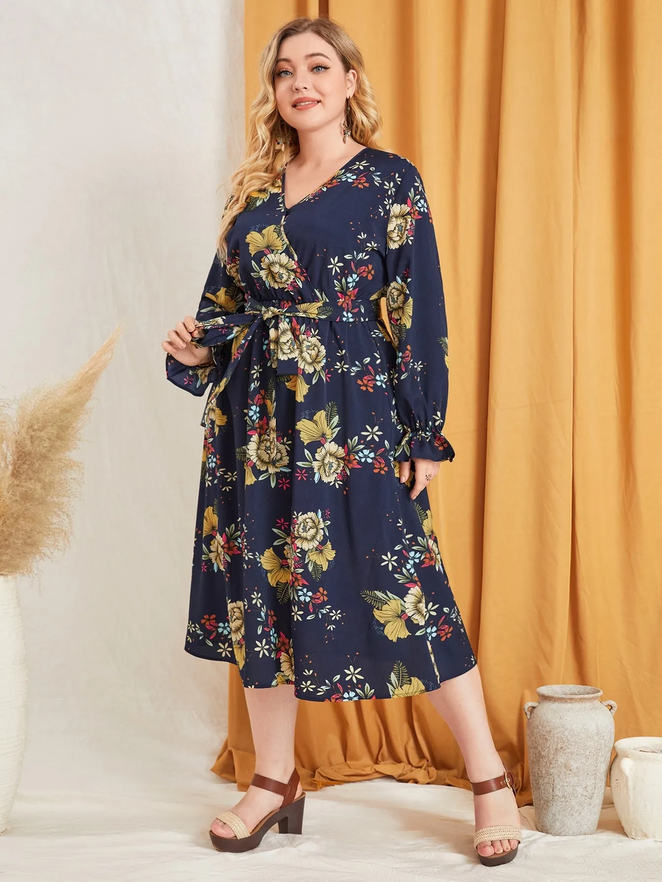 Boho Floral Wrap Long Sleeve V Neck Flared High Waist Midi Plus Size Dress