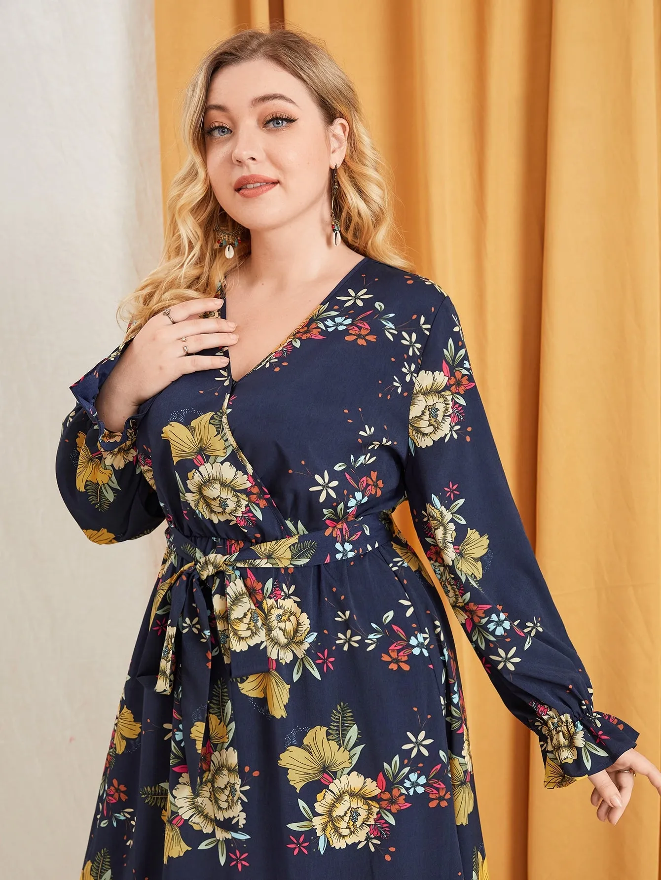 Boho Floral Wrap Long Sleeve V Neck Flared High Waist Midi Plus Size Dress