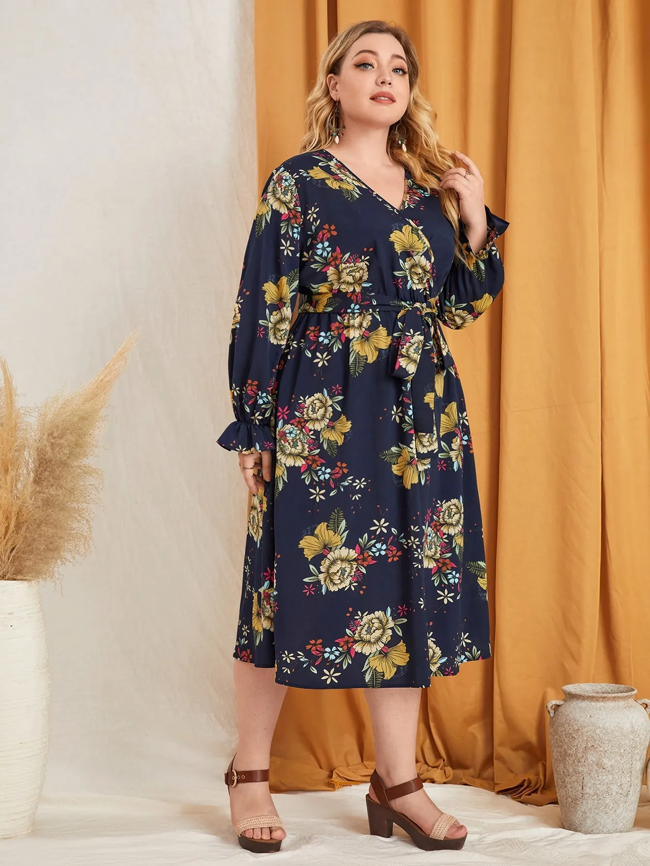Boho Floral Wrap Long Sleeve V Neck Flared High Waist Midi Plus Size Dress