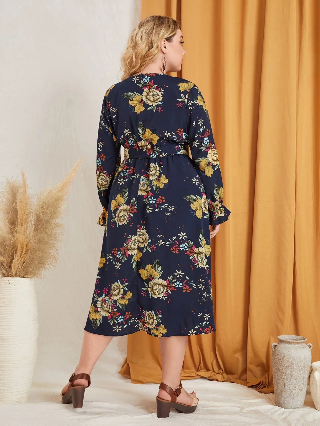 Boho Floral Wrap Long Sleeve V Neck Flared High Waist Midi Plus Size Dress