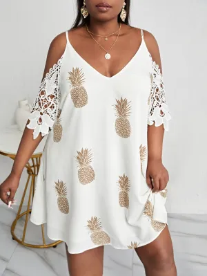 Boho Fruit&Vegetable Contrast Lace Half Sleeve Cold Shoulder Straight Short Plus Size Dress