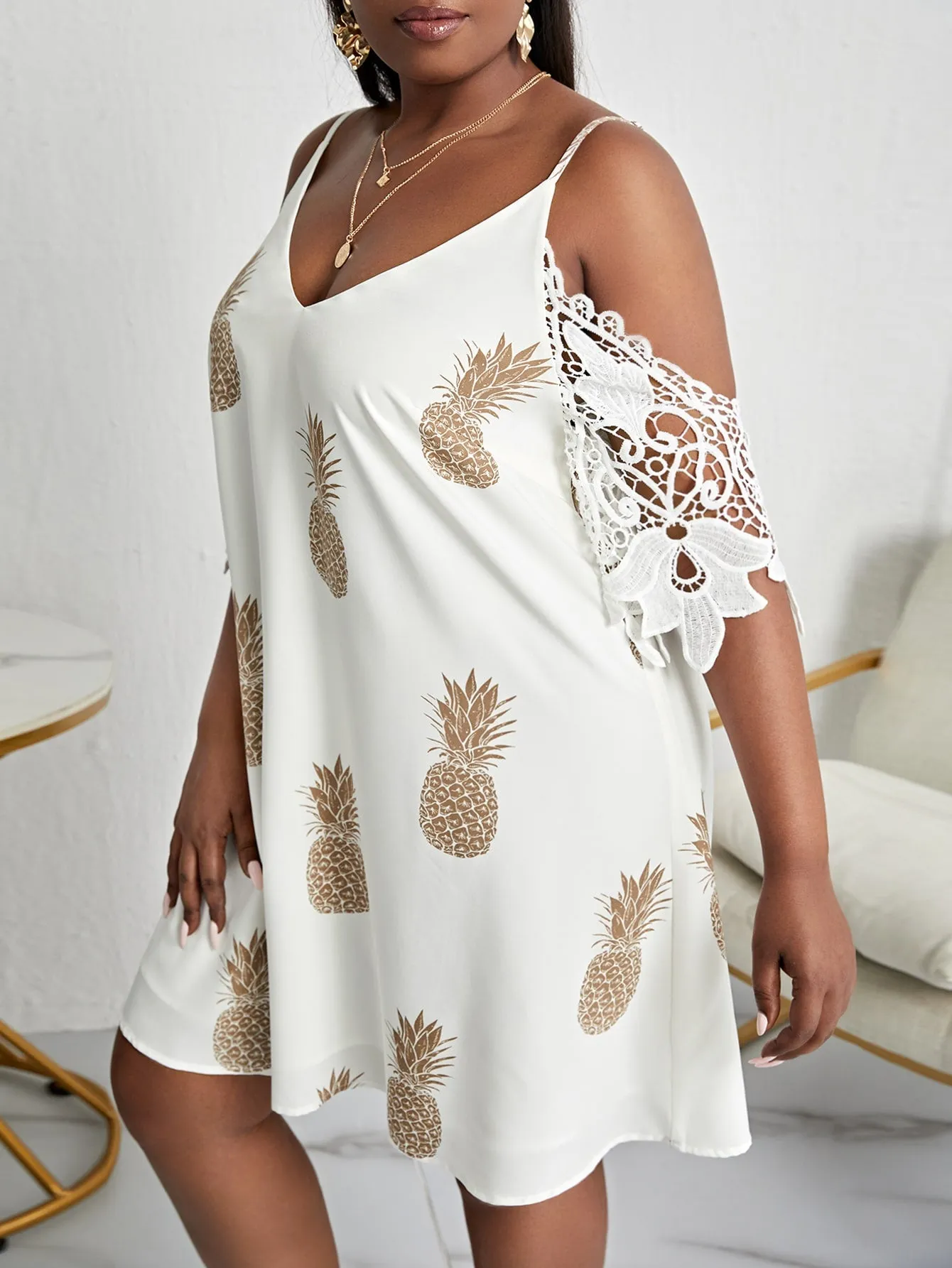 Boho Fruit&Vegetable Contrast Lace Half Sleeve Cold Shoulder Straight Short Plus Size Dress
