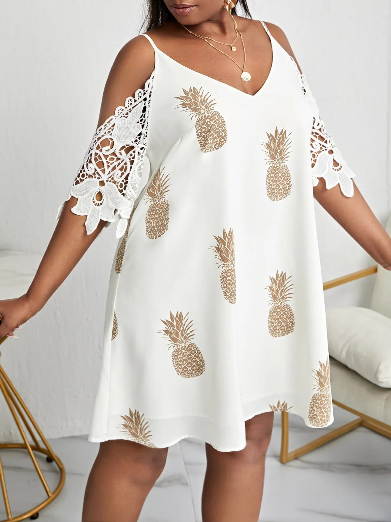 Boho Fruit&Vegetable Contrast Lace Half Sleeve Cold Shoulder Straight Short Plus Size Dress