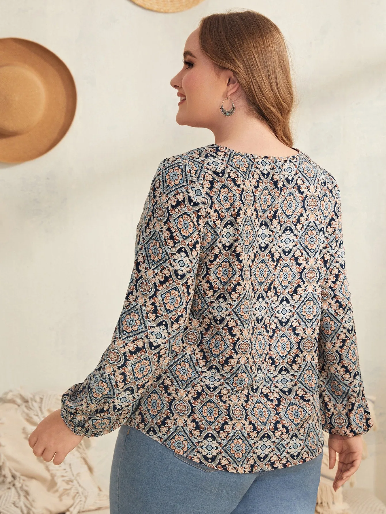 Boho Geometric Long Sleeve Notched Regular Plus Size Blouse