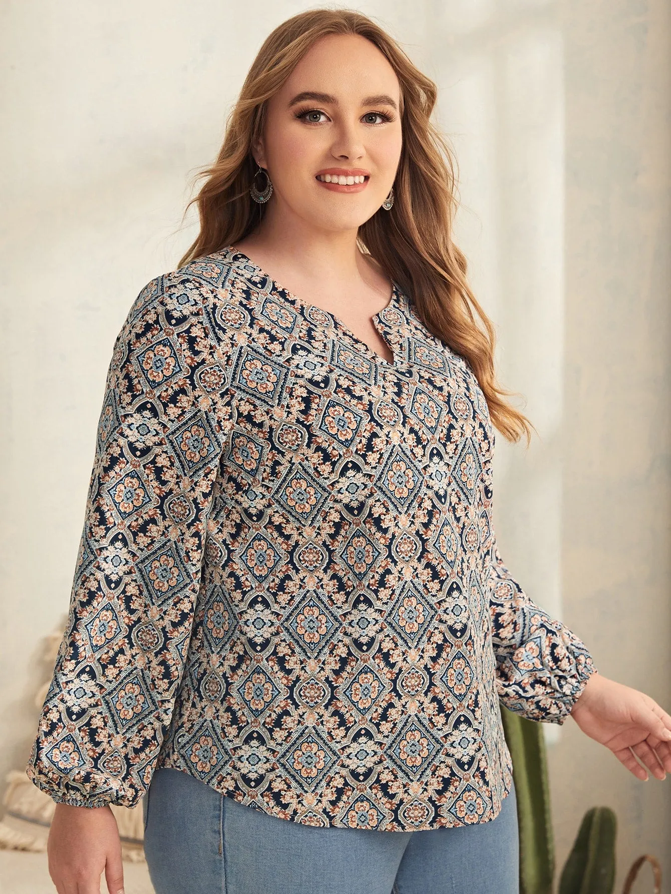 Boho Geometric Long Sleeve Notched Regular Plus Size Blouse