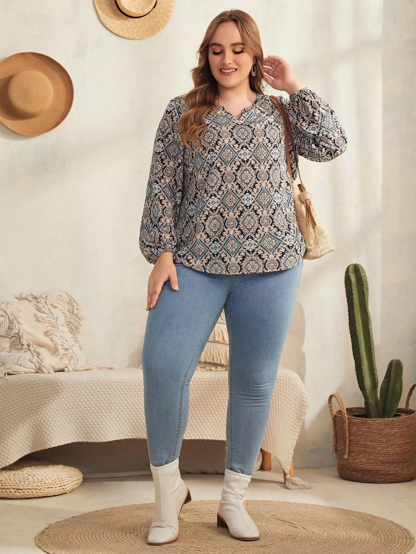 Boho Geometric Long Sleeve Notched Regular Plus Size Blouse