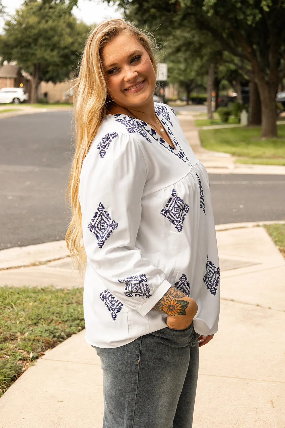 Boho Geometric Print Plus Size Blouse