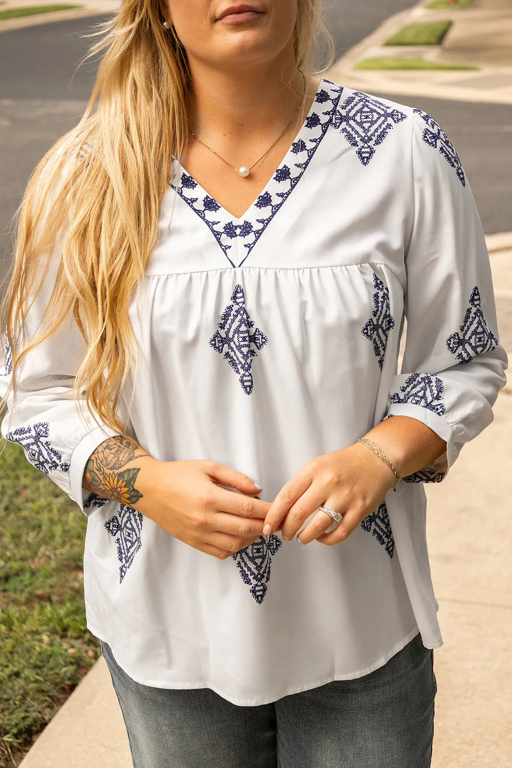 Boho Geometric Print Plus Size Blouse