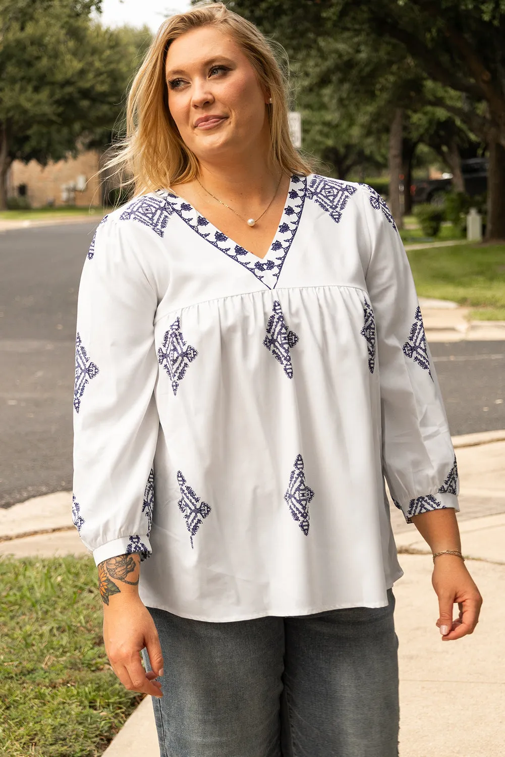 Boho Geometric Print Plus Size Blouse