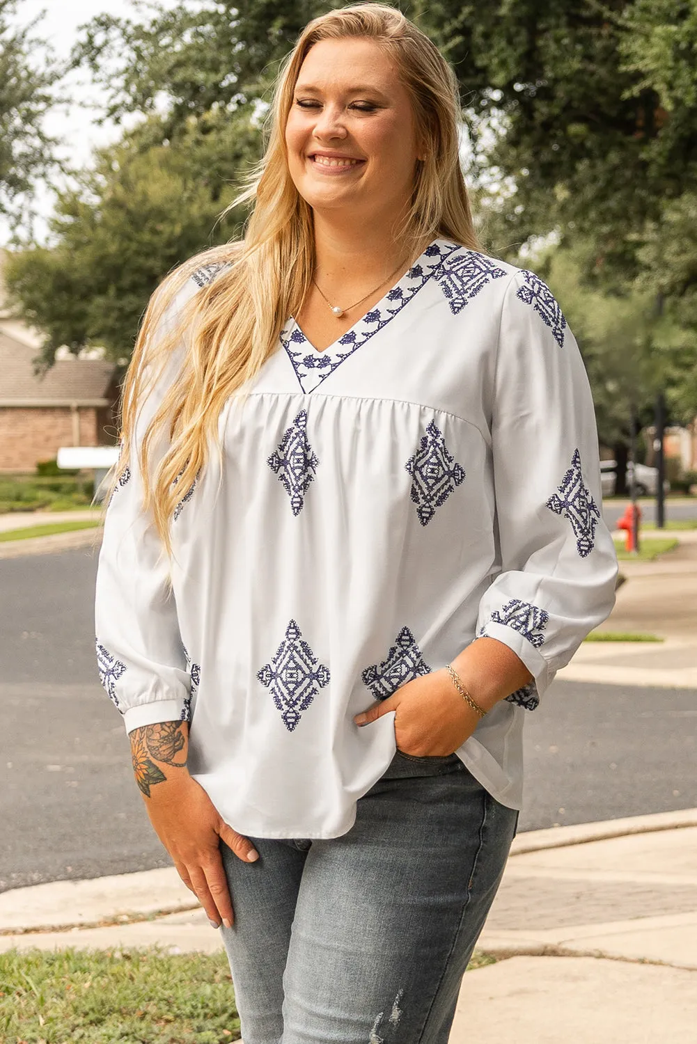 Boho Geometric Print Plus Size Blouse