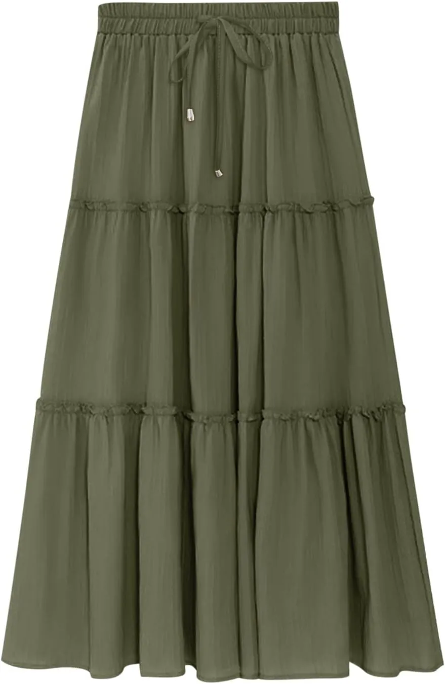Boho Maxi Skirts Women Summer Elastic Waist Loose Long Skirts Solid Colour Bohemian Skirts Ladies Casual Outfits