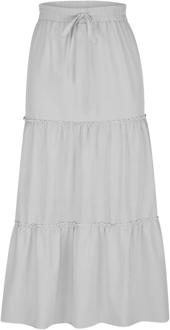 Boho Maxi Skirts Women Summer Elastic Waist Loose Long Skirts Solid Colour Bohemian Skirts Ladies Casual Outfits