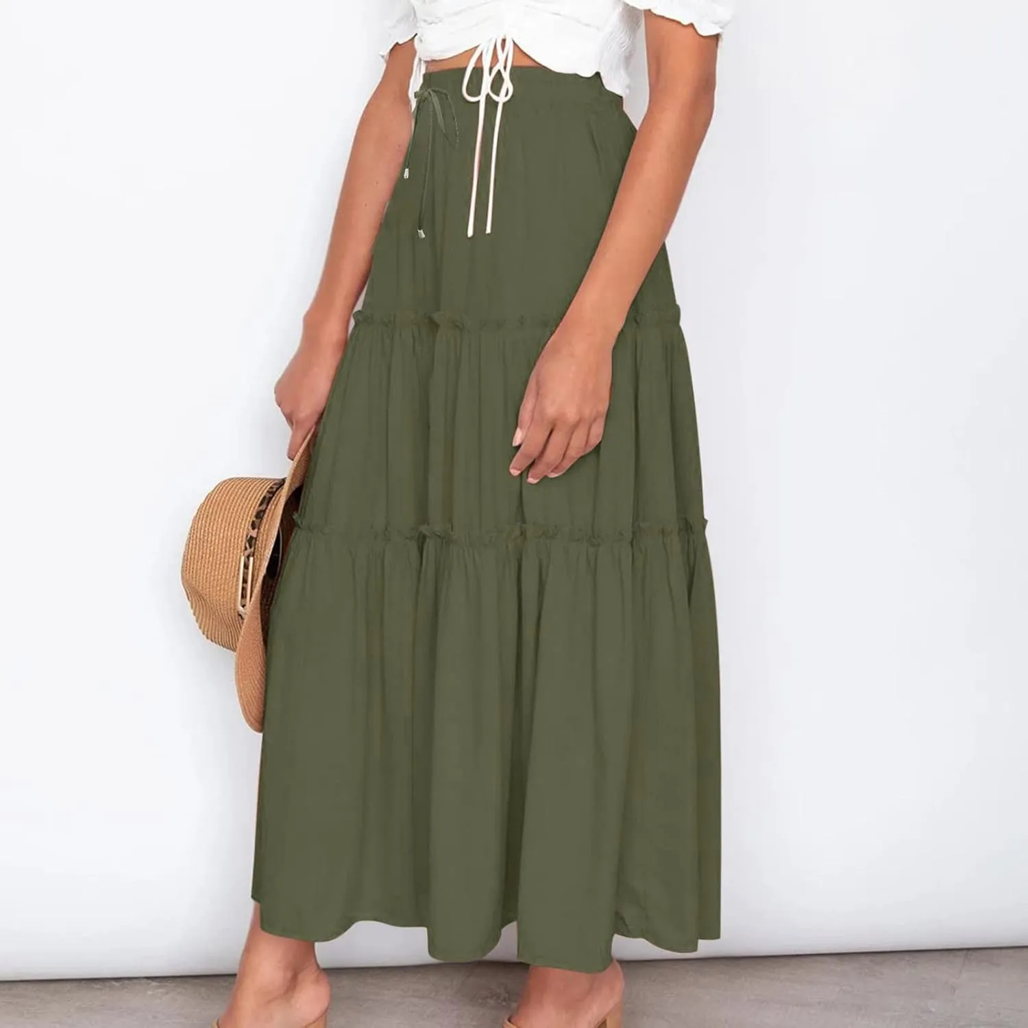 Boho Maxi Skirts Women Summer Elastic Waist Loose Long Skirts Solid Colour Bohemian Skirts Ladies Casual Outfits
