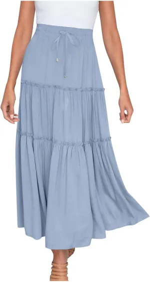 Boho Maxi Skirts Women Summer Elastic Waist Loose Long Skirts Solid Colour Bohemian Skirts Ladies Casual Outfits